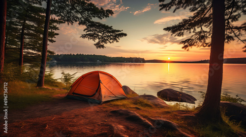 Camping tent next to a lake at sunset