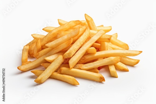 A pile of French fries on a white surface. Perfect for food-related designs and restaurant promotions