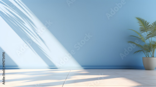 blue wall and smooth floor with beautiful window shadow and sun glare. Universal background for product presentation. © Sticker