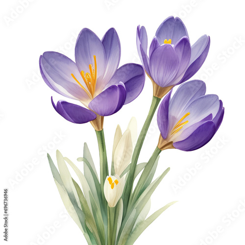 Purple Crocus flowers bouquet isolated on white background. Spring Flowers. Watercolor illustration.
