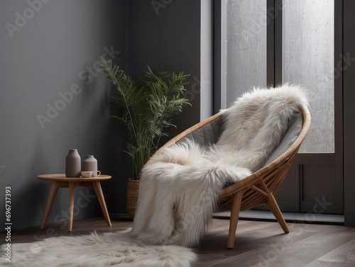 Lounge chair with fur blanket near wooden door against grey wall
