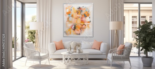 Abstract Watercolor of Beautiful Paradise Cove on the wall. Fresh Summer Concept in interior design