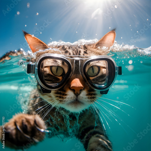 A cat in a diving mask and snorkel swims underwater. AI Generative