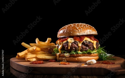 Craft beef burger and french fries on wooden table melting cheese isolated on black background. AI Generative
