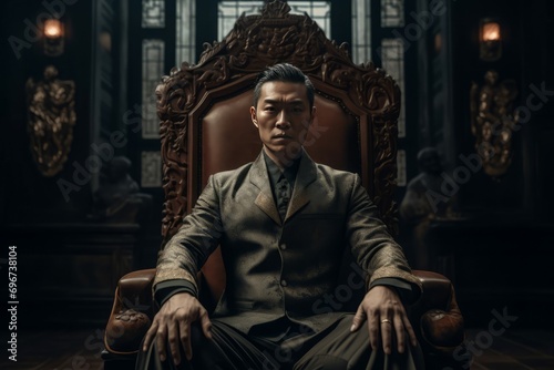 Triad brother suit dressed sitting in royal armchair. Asian confident man brotherhood member. Generate ai