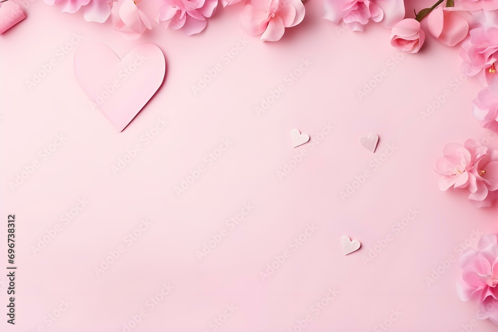 Valentine's Day Background. Pink Flowers, Envelope, Hearts on Pastel Pink Background. Valentines Day Concept. Flat Lay, Top View, Copy Space