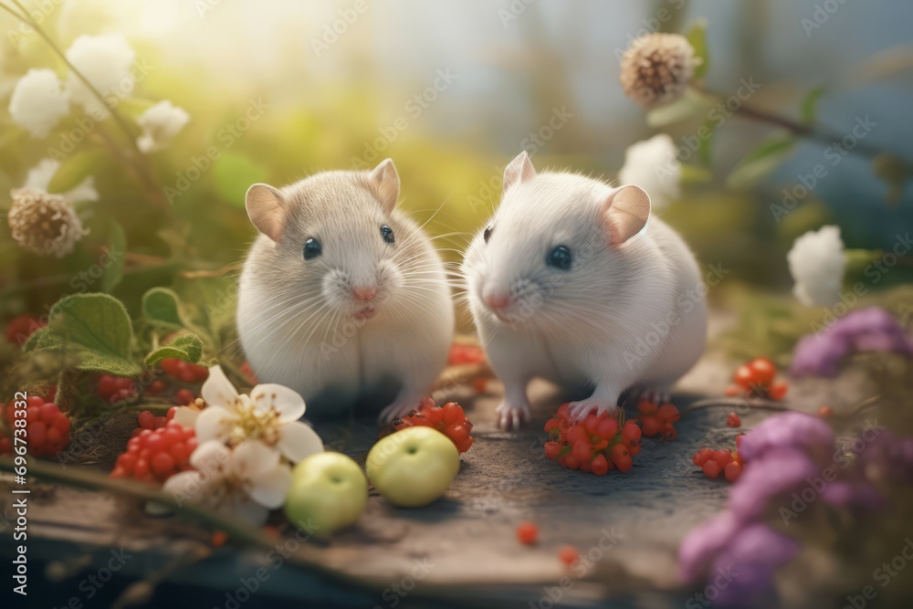 Two cute hamsters in garden vegetation. Cuddly small mice pets nature portrait. Generate ai Two cute hamsters in garden vegetation. Cuddly small mice pets nature portrait. Generate ai