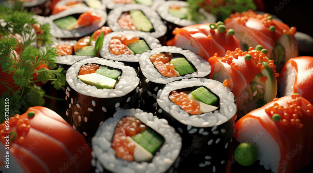 japanese sushi food. Maki ands rolls with tuna, salmon, shrimp, crab and avocado. Rainbow sushi roll, uramaki, hosomaki and nigiri. japanese sushi food. Maki ands rolls with tuna, salmon, shrimp, crab and avocado. Rainbow sushi roll, uramaki, hosomaki and nigiri.