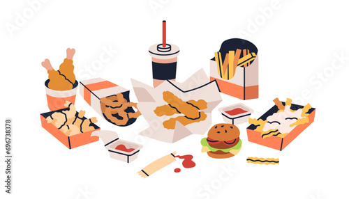 Fast junk food. Unhealthy snacks, eating, soda drink. French fries, burger, onion rings, fat fried chicken strips, legs, shrimps in paper boxes. Flat vector illustration isolated on white background