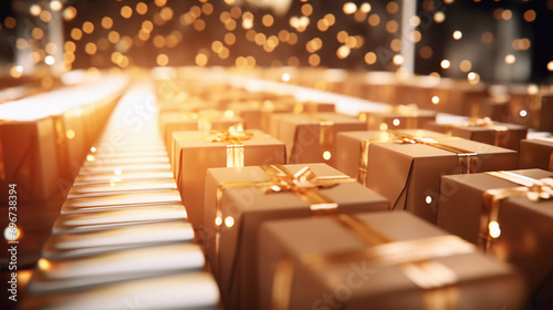 Closeup of cristmas gift box packages seamlessly moving along a conveyor belt in a warehouse. Cardboard, Gift, Christmas light concept. © Johannes