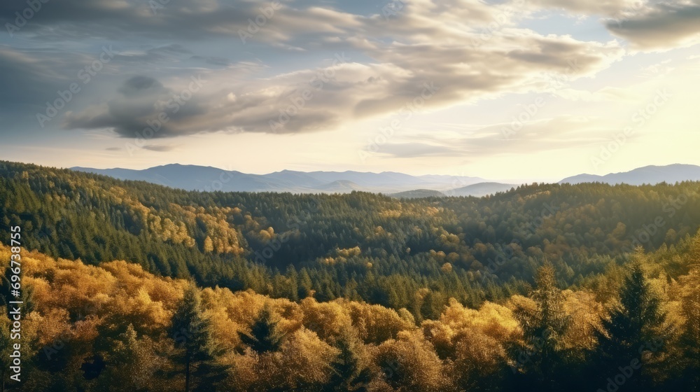 Bird's-eye panoramic shot of a spacious forest landscape from a hill