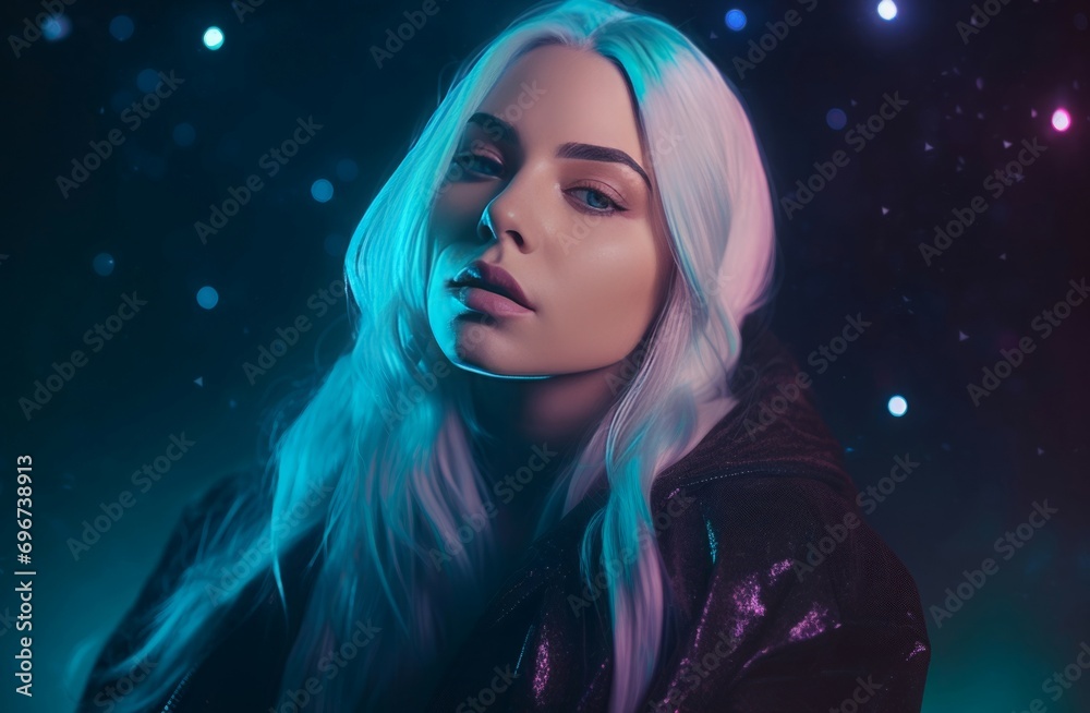 Vaporwave aesthetic gothic girl model portrait. Enigmatic lady on ethereal celestial background. Generate ai Vaporwave aesthetic gothic girl model portrait. Enigmatic lady on ethereal celestial background. Generate ai