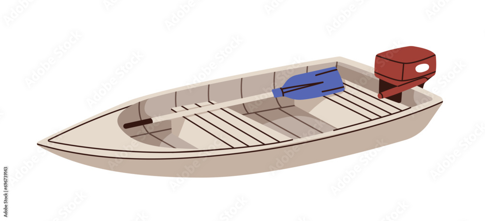 Fototapeta premium Wooden rowing boat with paddle. Water transport, lake and river vessel with oar. Small wood vehicle with seats for leisure. Flat vector illustration isolated on white background