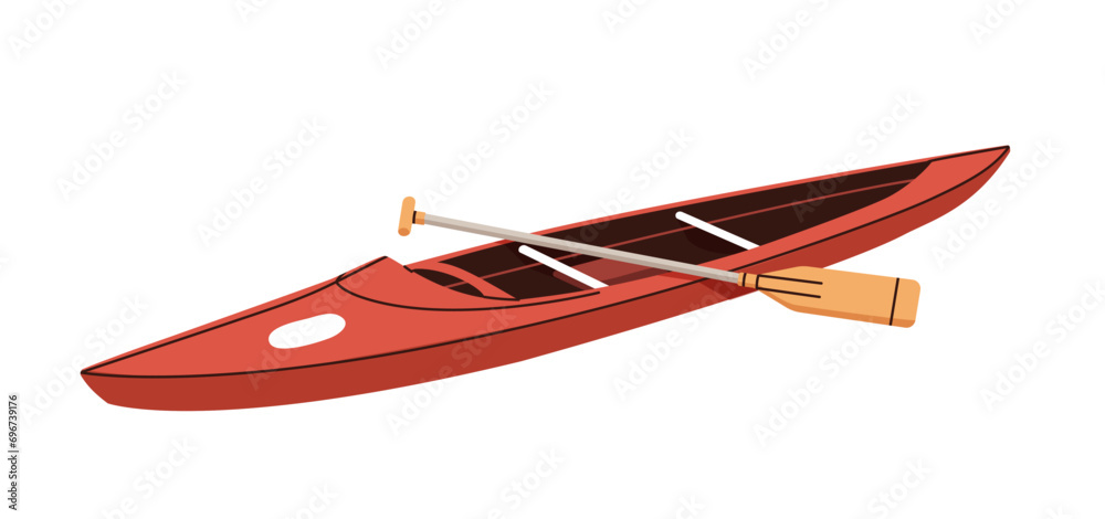 Canoe boat with paddle. Water sport transport, vessel for rafting, swimming. River vehicle with oar. Flat vector illustration isolated on white background Canoe boat with paddle. Water sport transport, vessel for rafting, swimming. River vehicle with oar. Flat vector illustration isolated on white background