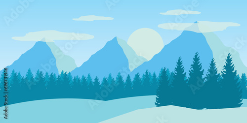 Vector illustration. Flat winter landscape. Snowy backgrounds.