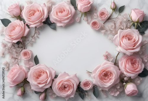 Close up of decorative pink rose flower and petals isolated on white table background. floral frame. Greeting card design for wedding, birthday, valentine etc. photo