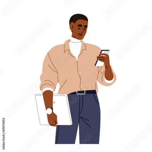 Black business man using mobile phone. Person holding smartphone, cellphone i...