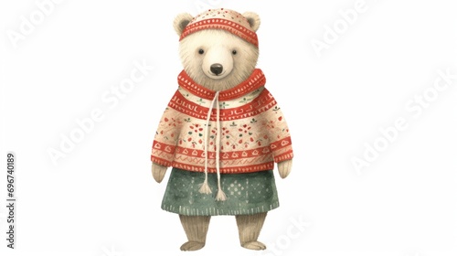 Cute polar bear watercolor illustration in Christmas style. Funny animal in clothes.