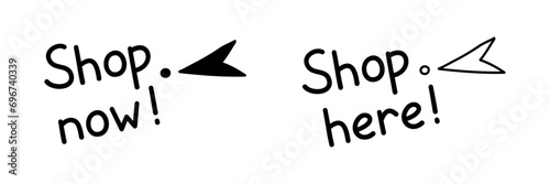 Doodle click shop now here button. Mouse cursor for website or computer application, hand drawn vector arrow pointer photo