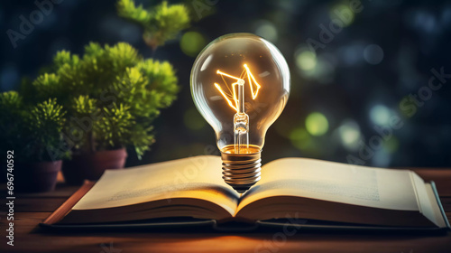 Light bulb glowing on book, idea of ​​inspiration from reading, innovation idea concept, Self learning or education knowledge and business studying concept. photo