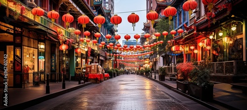 Fototapeta Naklejka Na Ścianę i Meble -  Vibrant Chinatown Lantern Illuminating Small Street in the Enchanting Night Scene