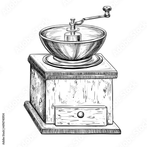 Vintage coffee grinder vector sketch illustration