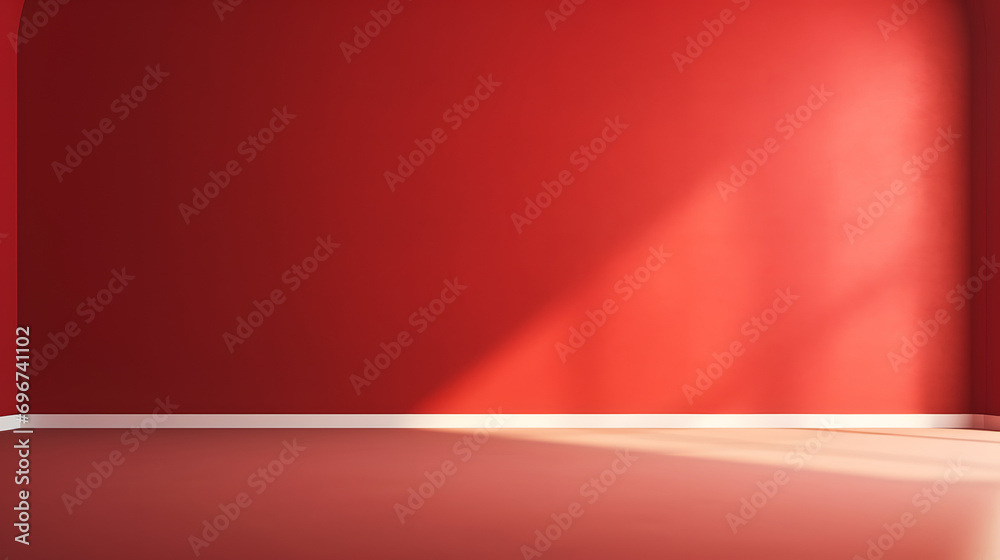 red wall and smooth floor with beautiful window shadow and sun glare. Universal background for product presentation.