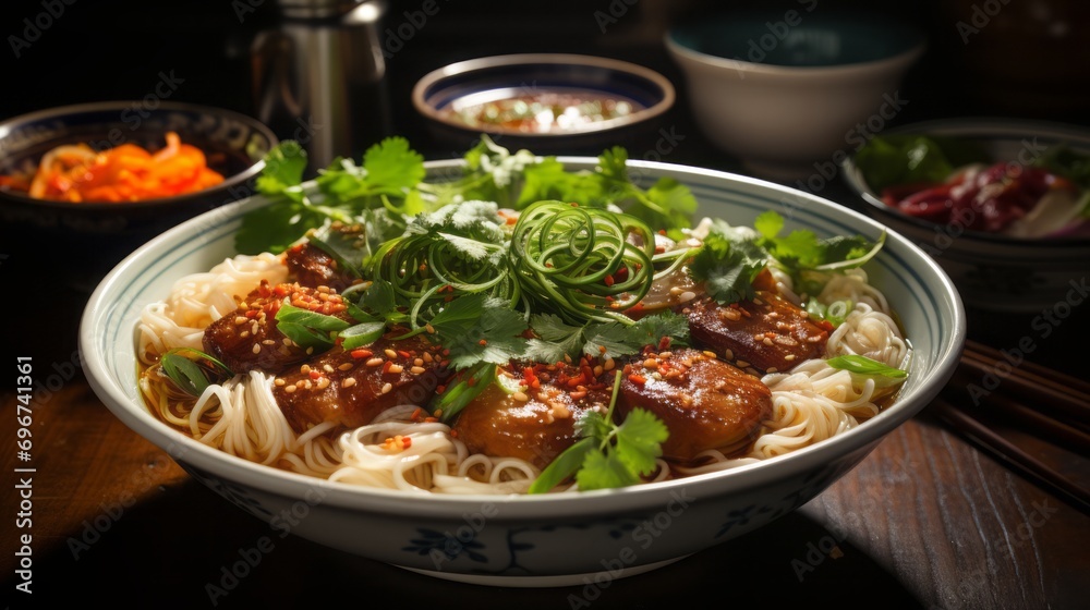 Shot of hand garnishing pho with sliced green onions, stock photography Shot of hand garnishing pho with sliced green onions, stock photography
