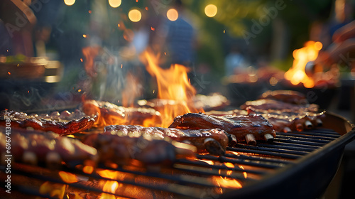 Barbecue party with people in the background, grilled ribs, bacon and pork meat, grilled meat, fire, summer party, barbecue in the garden, people having fun, family and friends, bbq photo