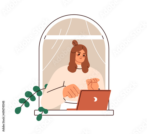 Business woman works online from home. Female freelancer at laptop computer, ...