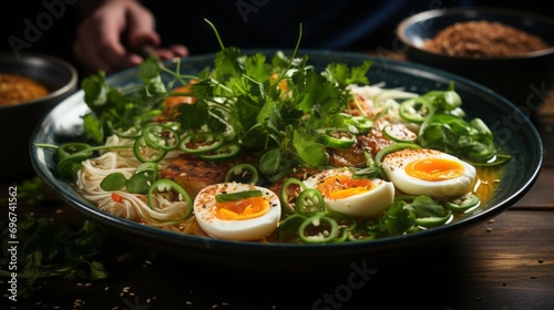 Shot of hand garnishing pho with sliced green onions, stock photography 