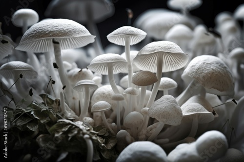 Growing mushrooms artwork. nonedible and poisonous fungi sprung ground. Generate AI photo