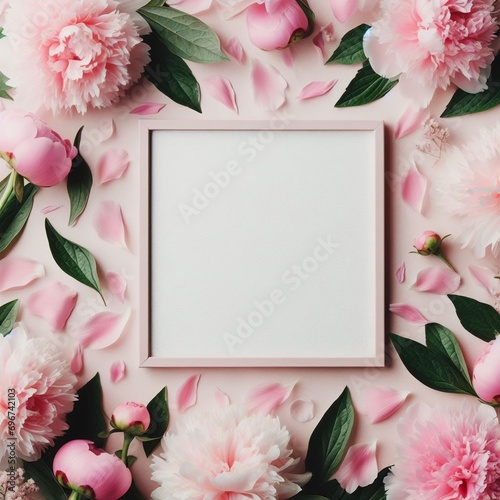 Fototapeta Naklejka Na Ścianę i Meble -  Pink background with peony fresh flowers and petals with the wooden frame for text copy space. 