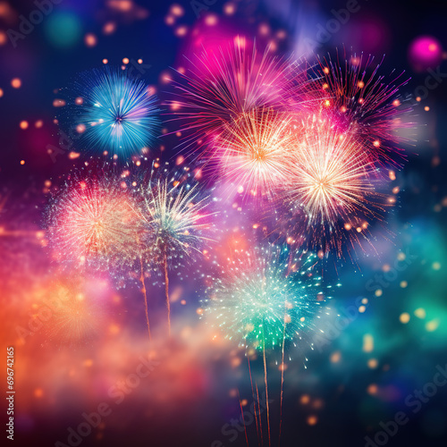 Multicolor fireworks with colorful bokeh
