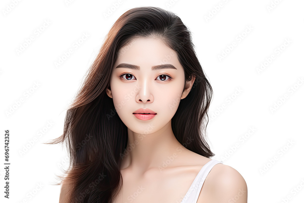 Studio portrait of a beautiful young asian woman with clean fresh and healthy skin isolated on white transparent background. Studio portrait of a beautiful young asian woman with clean fresh and healthy skin isolated on white transparent background.