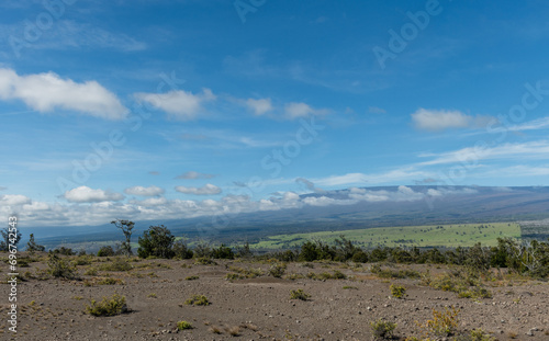 Scenic panoramic Mauna Loa vista from the Kilauea Crater rim at the Volcanoes National Park on the Big Island of Hawaii 