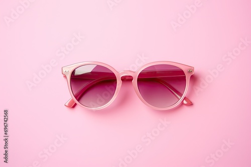 Minimal pink eyeglasses with rose tinted color glasses on pink background