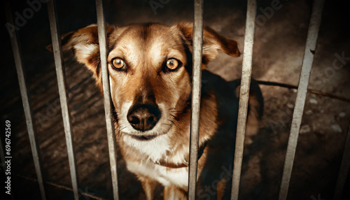 A sad stray dog imprisoned behind the bars of a dark kennel cage, looking at camera. Concept of stray animals and their abandonment by humans. Generative Ai.