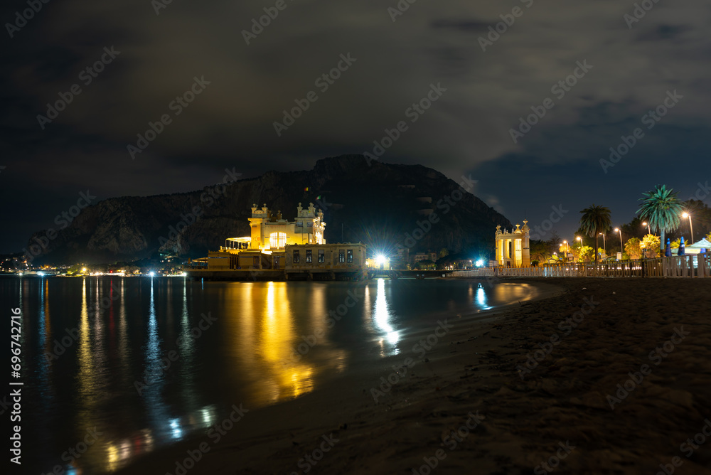 Landscape of Mondello Beach Near The City Of Palermo, In The South Of Italy Illuminated At Night In Summer