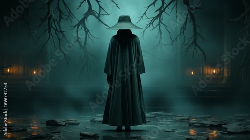 A dark figure is standing outside with a hat and stick behind him,