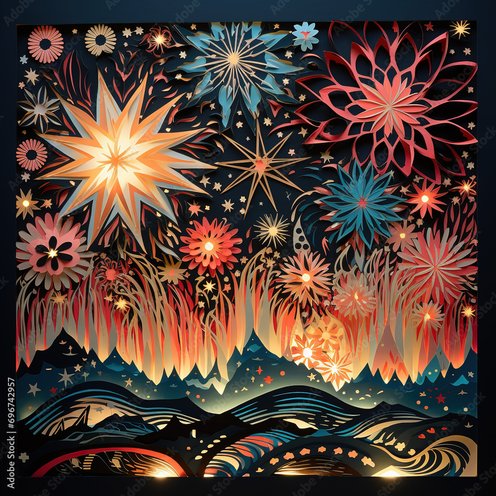 Backdrop of colorful and expensive graphic of flowers, stars Backdrop of colorful and expensive graphic of flowers, stars
