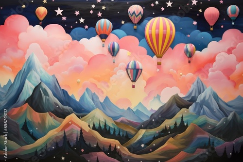 Watercolor wallpaper Mountains, balloons for flight. Beautiful background. Children's Drawing