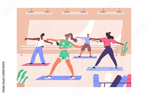 Group fitness training in gym. People go stretching in sport class. Team practices yoga, gymnastics. Characters dancing, workout with trainer in studio. Active lifestyle. Flat vector illustration