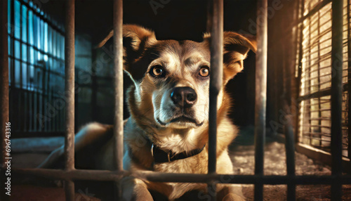 A sad stray dog imprisoned behind the bars of a dark kennel cage, looking at camera. Concept of stray animals and their abandonment by humans. Generative Ai. photo
