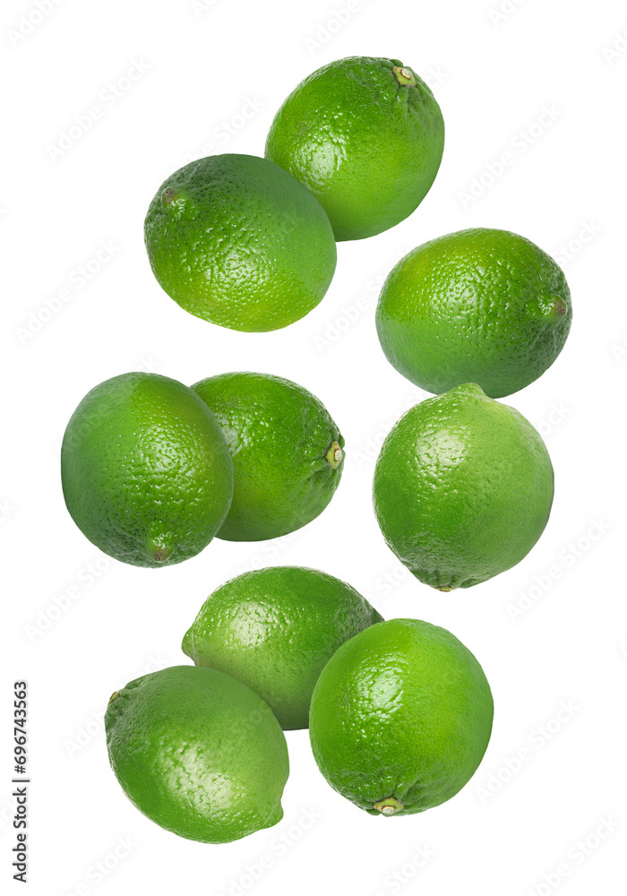 Fresh ripe limes falling on white background Fresh ripe limes falling on white background