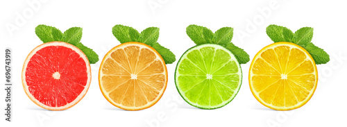 Fresh citrus fruits and green mint isolated on white, collection