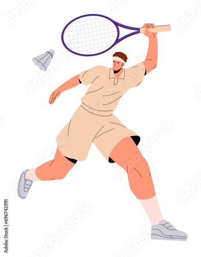 Professional sportsman plays racquet sport. Badminton player in uniform on game court. Athlete running, swings, hits shuttlecock with racket. Flat isolated vector illustration on white background