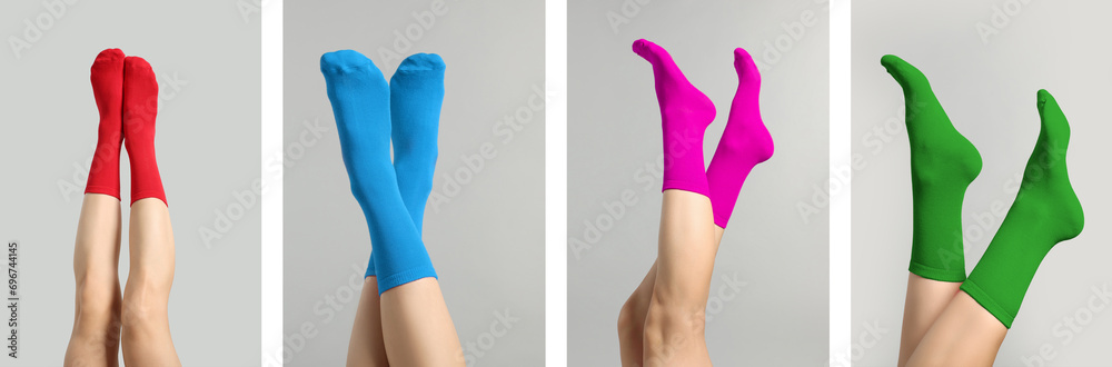 Women in different bright socks on light grey background, closeup. Collection of photos Women in different bright socks on light grey background, closeup. Collection of photos