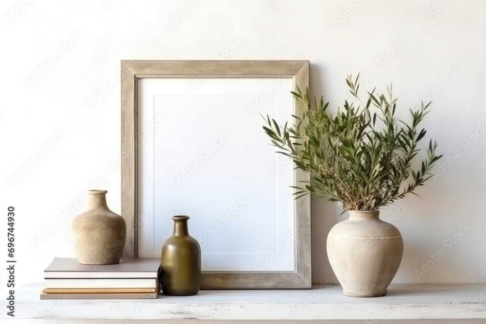 Fototapeta premium Textured vase, pot with olive tree branches on a wooden shelf. Monotone wall background with copy space, blank, frame. Mediterranean interior inspiration.