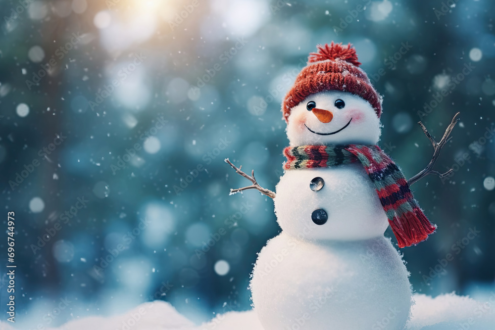 snowman of the snow. A snowman in a knitted scarf and a red cap stands in the snow, in the rays of the setting sun.